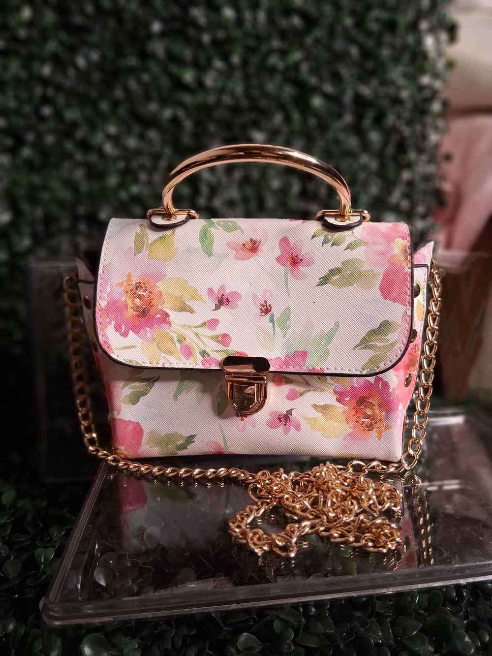 Others Follow Floral Top-Handle Crossbody Bag in Pink and Green